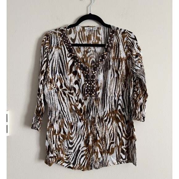 Vintage Y2k 90s Cato Beaded‎ Top Womens Medium Animal Print Summer Neutral Tan - Picture 1 of 7